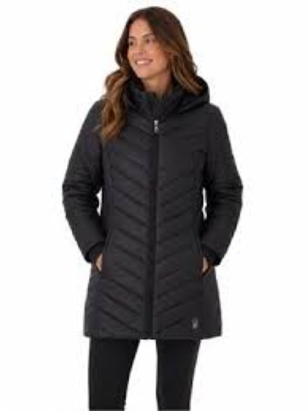Spyder Women's Black Chevron Mid-Length Hooded Boundless Puffer Coat